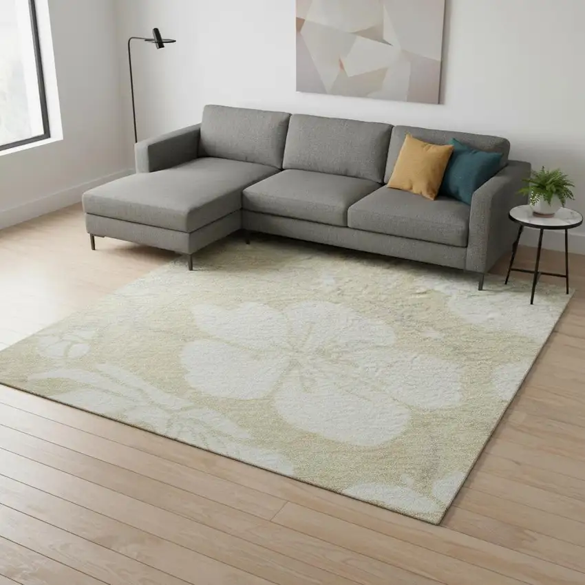 Beige And Ivory Floral Washable Area Rug With UV Protection Photo 2