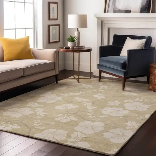Beige And Ivory Floral Washable Area Rug With UV Protection Photo 2