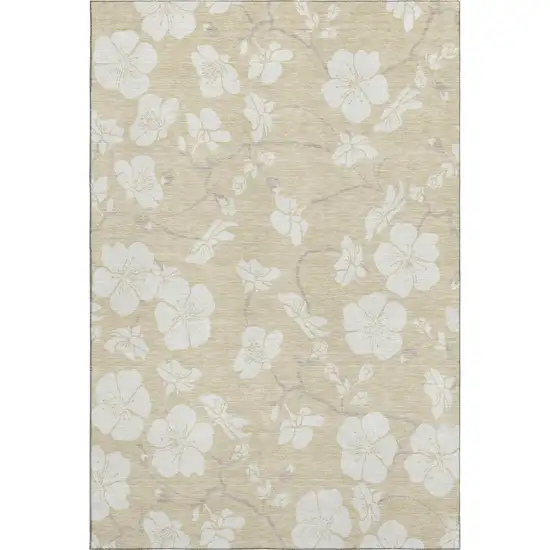 Beige And Ivory Floral Washable Area Rug With UV Protection Photo 4