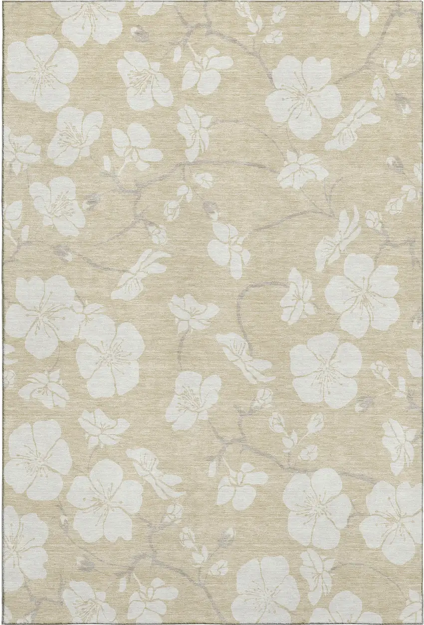 Beige And Ivory Floral Washable Area Rug With UV Protection Photo 4