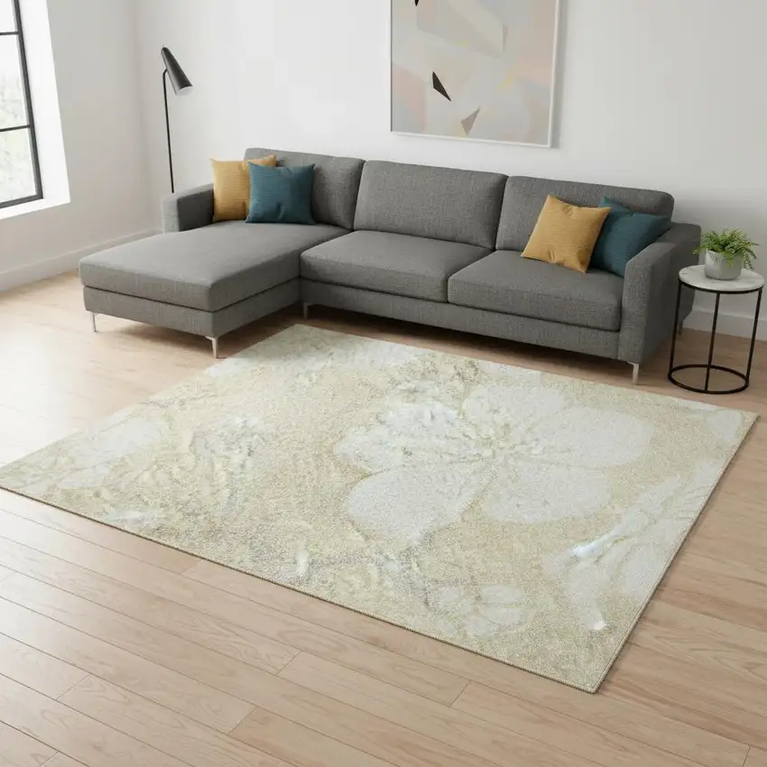 Beige And Ivory Floral Washable Area Rug With UV Protection Photo 2