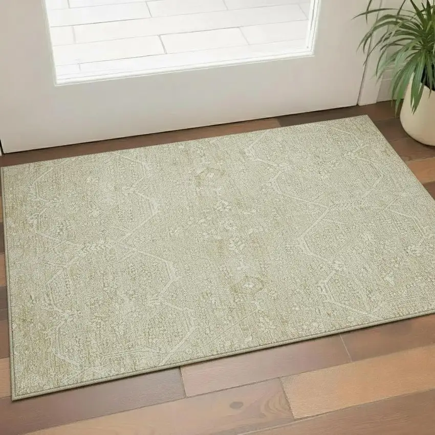 Beige And Ivory Floral Washable Area Rug With UV Protection Photo 2