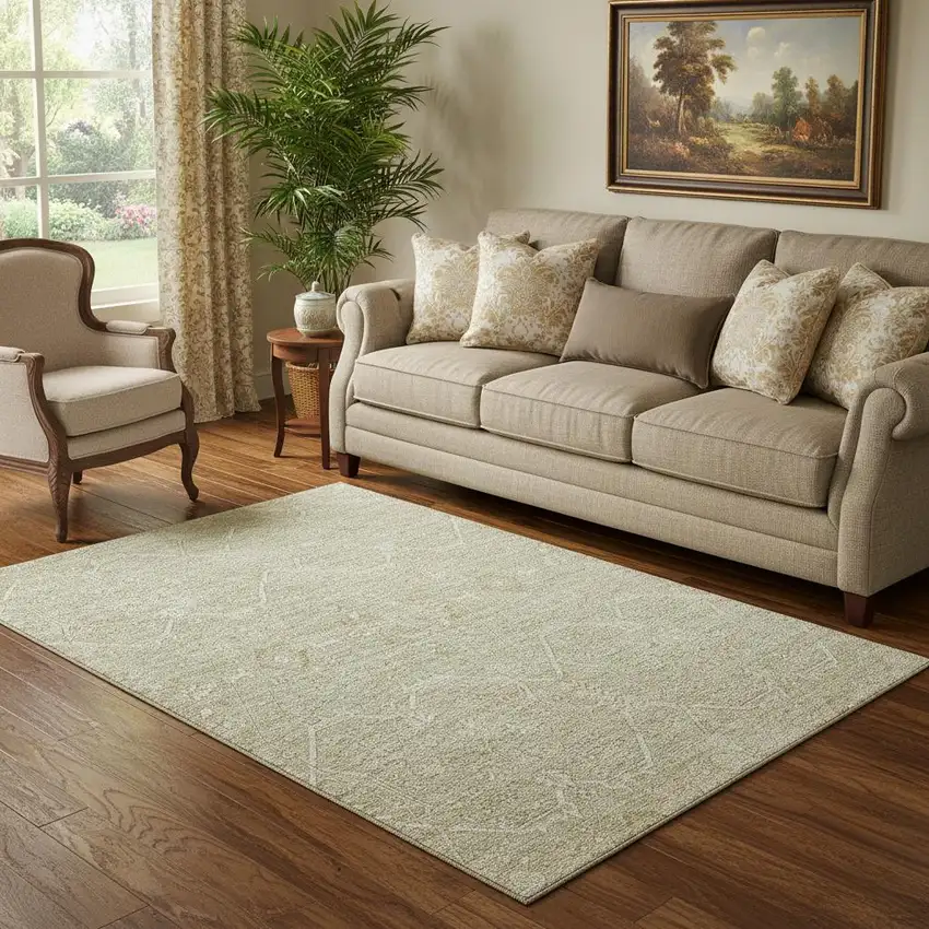 Beige And Ivory Floral Washable Area Rug With UV Protection Photo 2