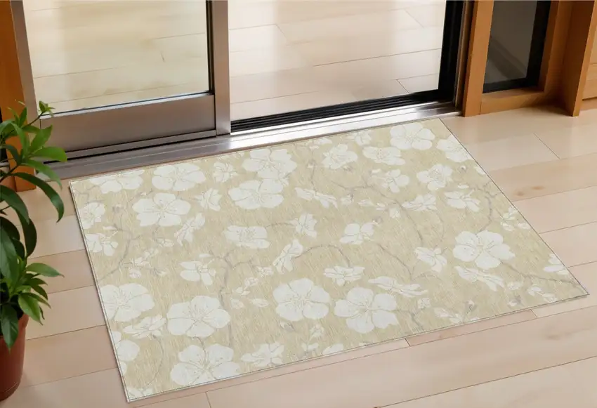 Beige And Ivory Floral Washable Indoor Outdoor Area Rug Photo 1