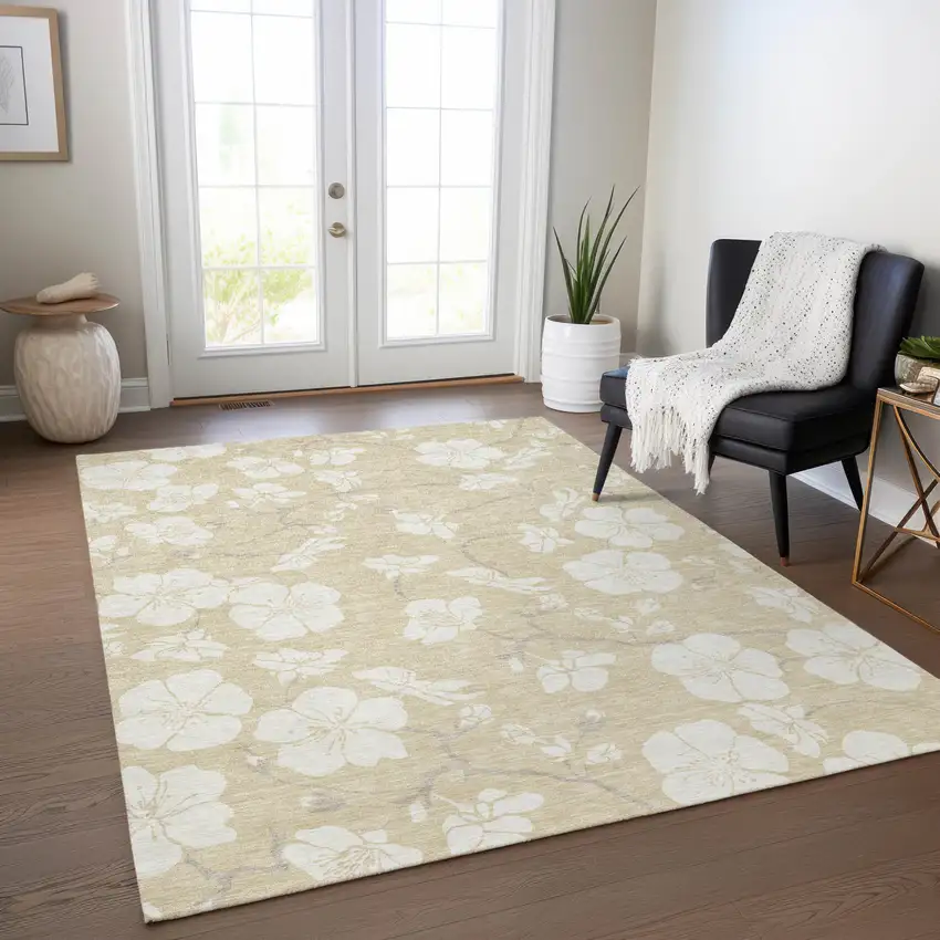 Beige And Ivory Floral Washable Indoor Outdoor Area Rug Photo 9