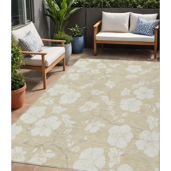 Beige And Ivory Floral Washable Indoor Outdoor Area Rug Photo 1