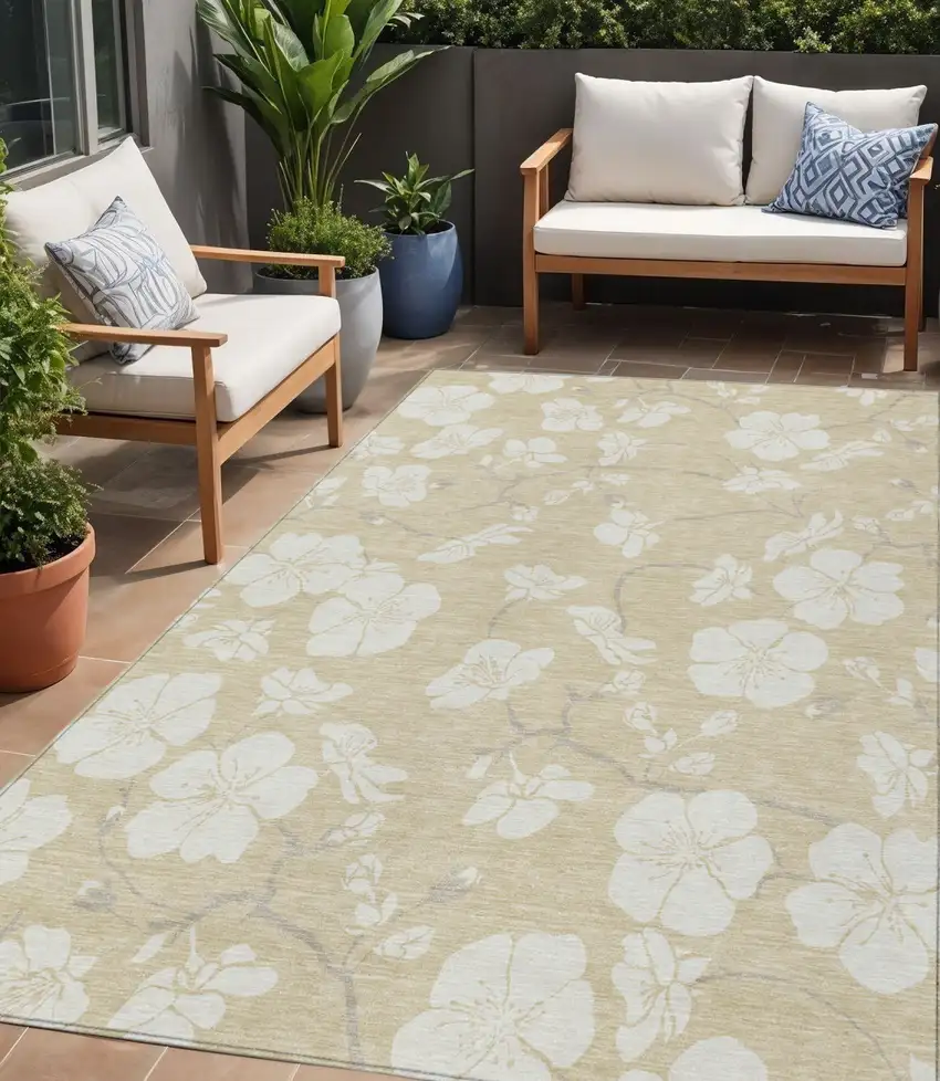 Beige And Ivory Floral Washable Indoor Outdoor Area Rug Photo 1