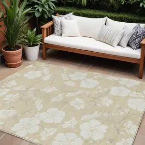 Photo of Beige And Ivory Floral Washable Indoor Outdoor Area Rug