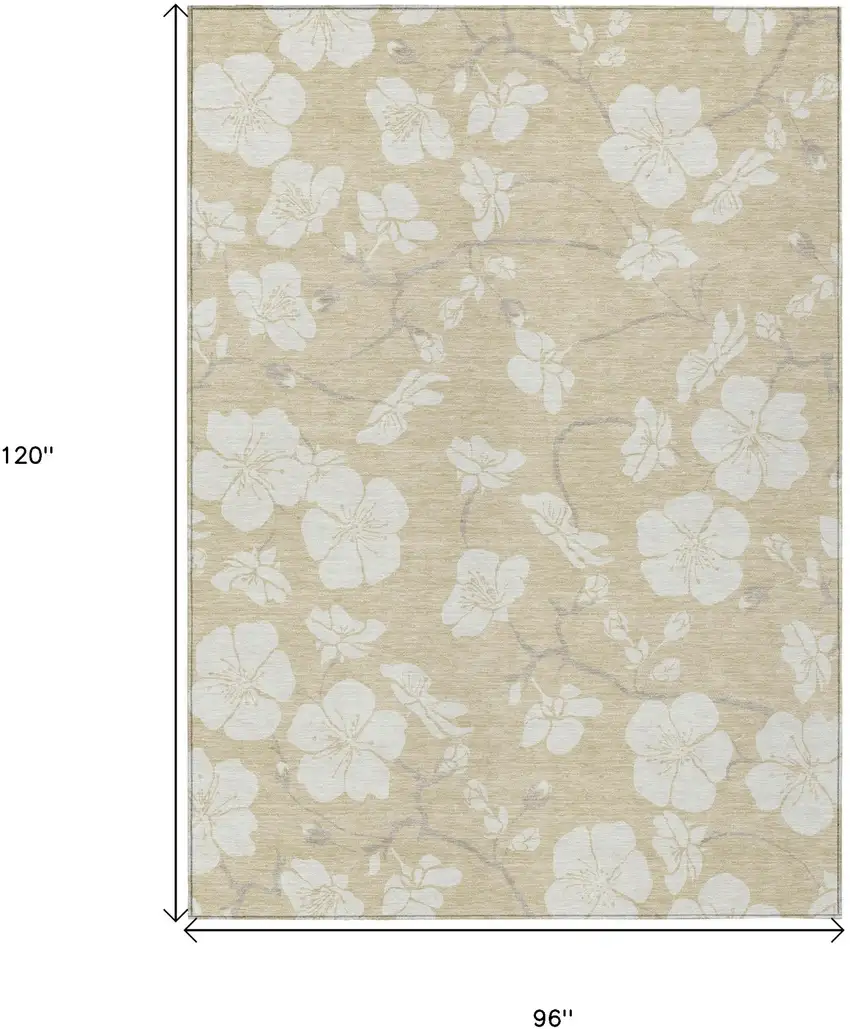 Beige And Ivory Floral Washable Indoor Outdoor Area Rug Photo 3