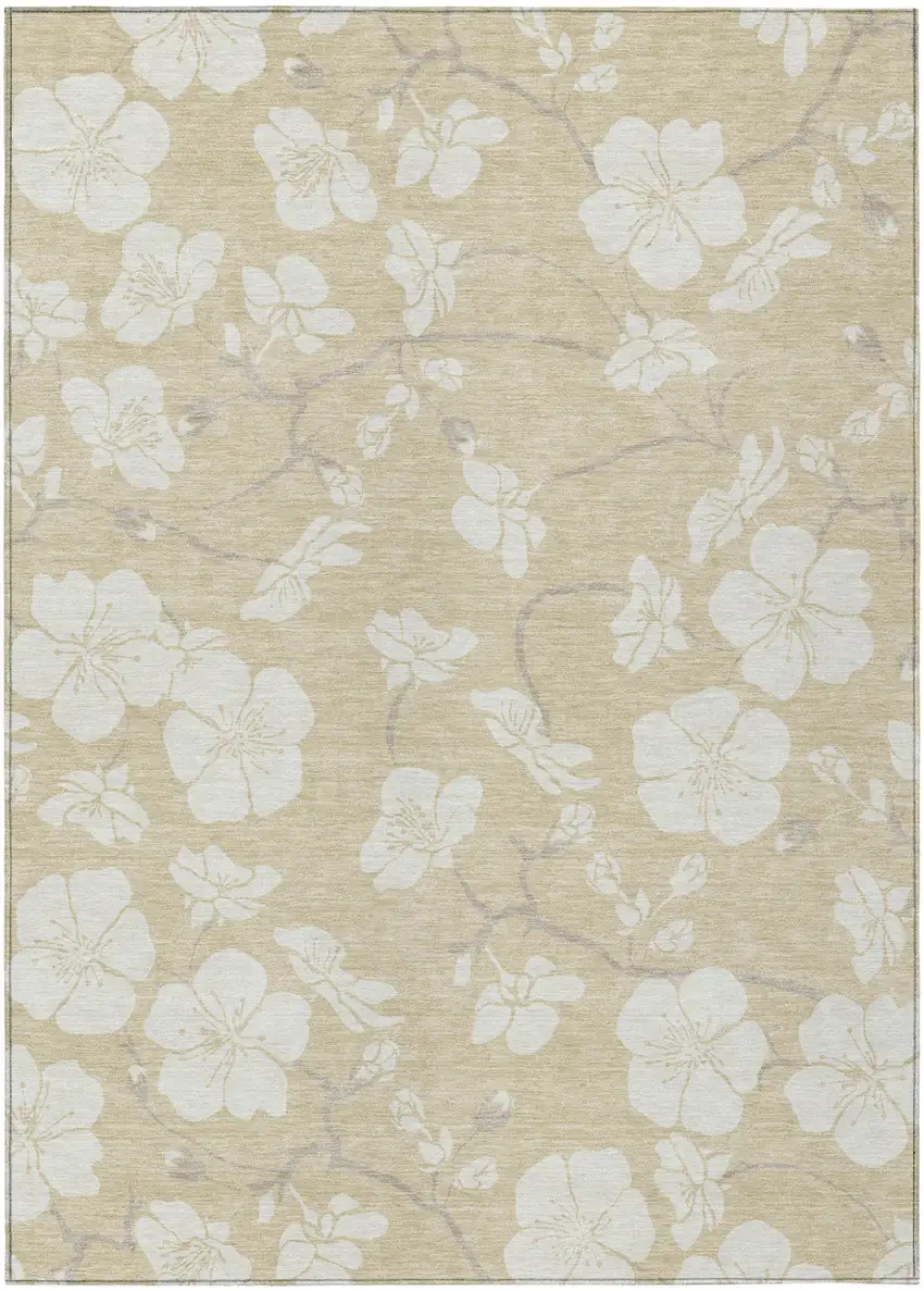 Beige And Ivory Floral Washable Indoor Outdoor Area Rug Photo 2