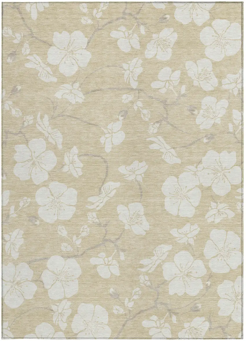Beige And Ivory Floral Washable Indoor Outdoor Area Rug Photo 8