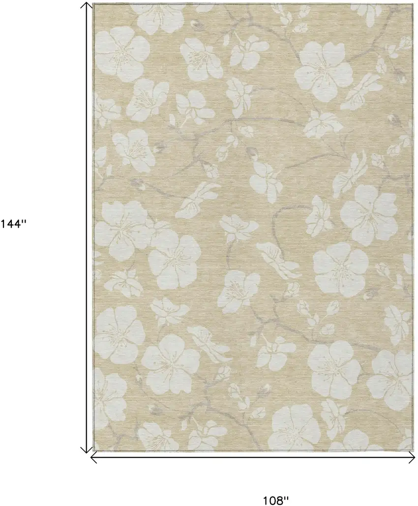 Beige And Ivory Floral Washable Indoor Outdoor Area Rug Photo 3