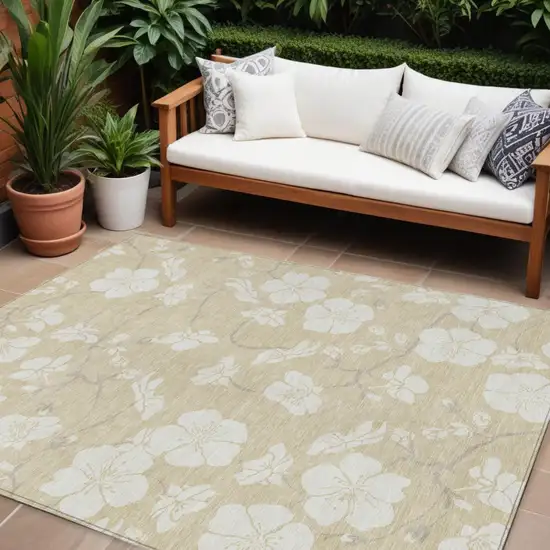 Beige And Ivory Floral Washable Indoor Outdoor Area Rug Photo 1