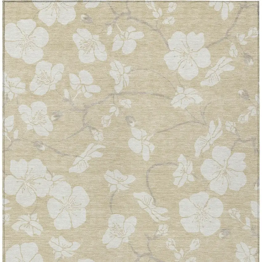 Beige And Ivory Floral Washable Indoor Outdoor Area Rug Photo 8