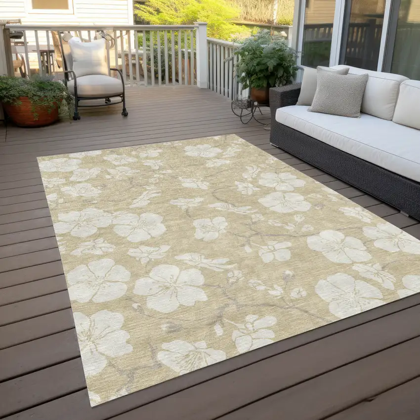 Beige And Ivory Floral Washable Indoor Outdoor Area Rug Photo 9