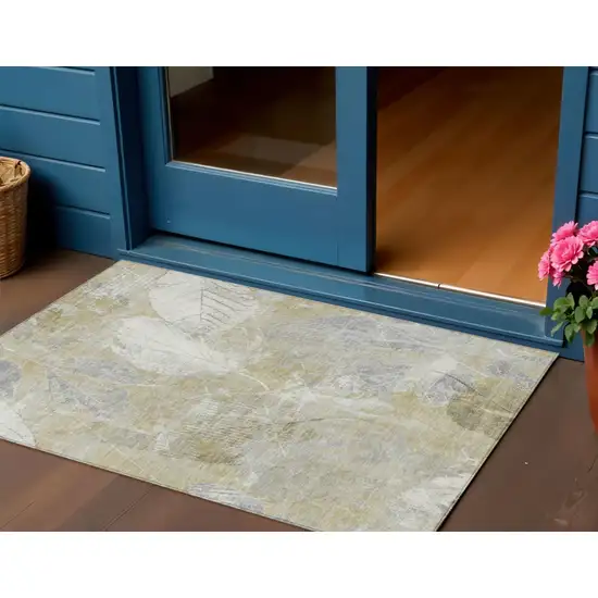 Beige And Ivory Floral Washable Indoor Outdoor Area Rug Photo 2