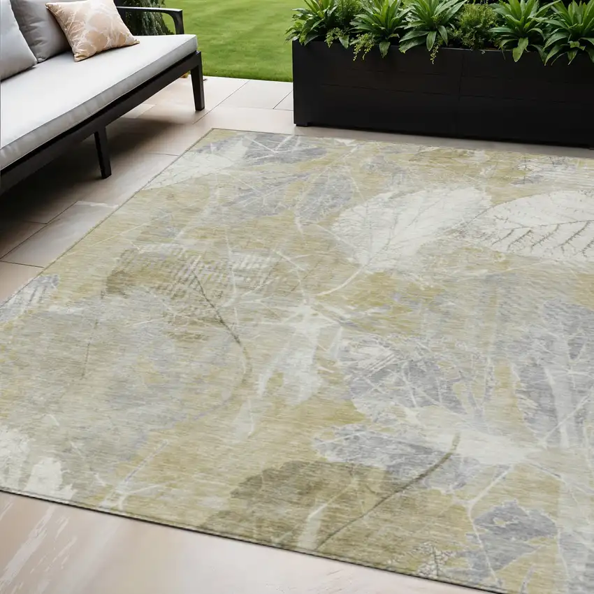 Beige And Ivory Floral Washable Indoor Outdoor Area Rug Photo 2