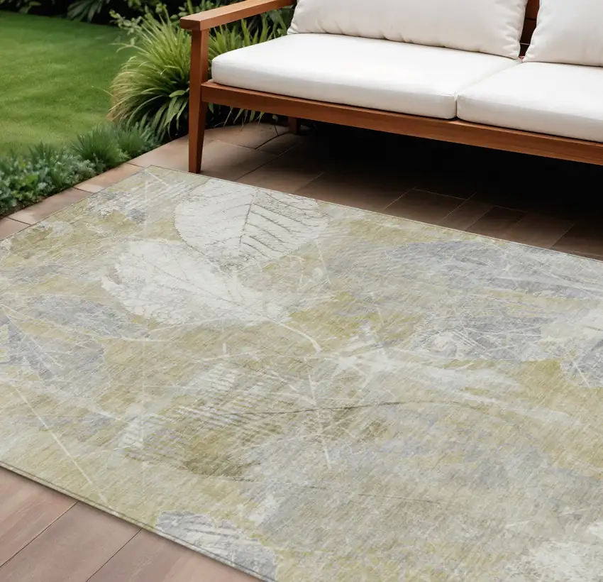 Beige And Ivory Floral Washable Indoor Outdoor Area Rug Photo 2