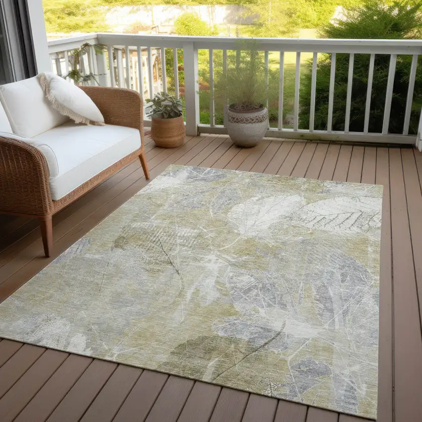 Beige And Ivory Floral Washable Indoor Outdoor Area Rug Photo 6