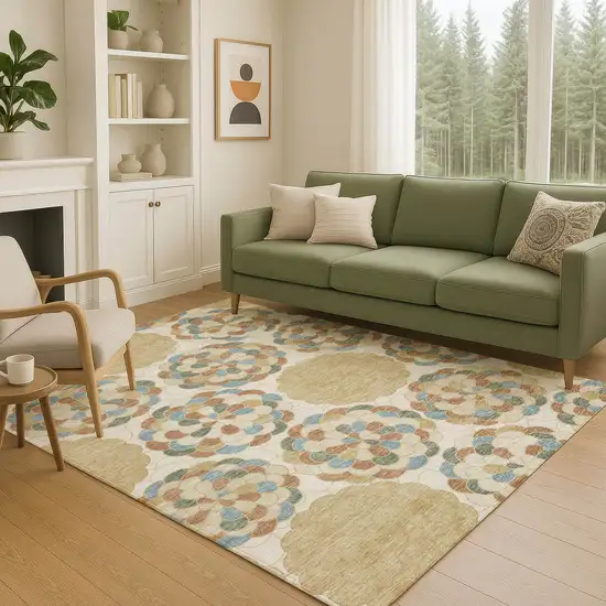 Beige And Ivory Floral Washable Indoor Outdoor Area Rug Photo 5