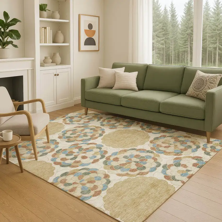 Beige And Ivory Floral Washable Indoor Outdoor Area Rug Photo 5