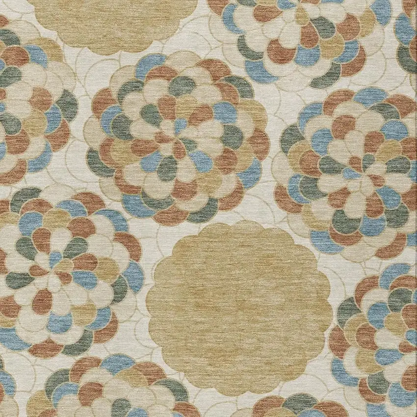 Beige And Ivory Floral Washable Indoor Outdoor Area Rug Photo 2