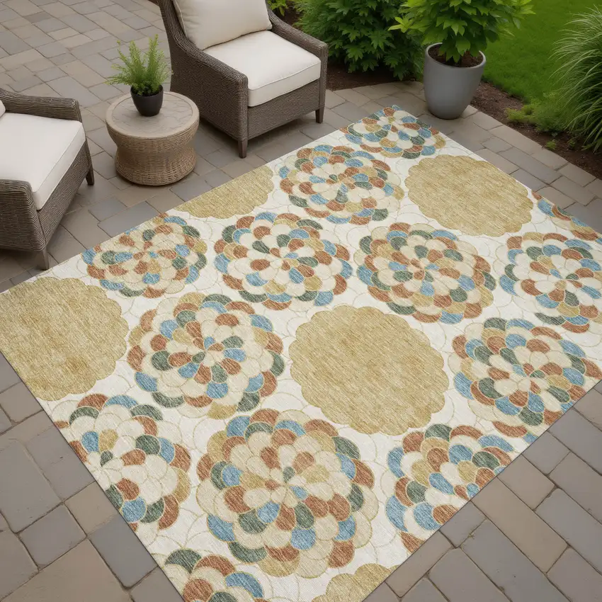 Beige And Ivory Floral Washable Indoor Outdoor Area Rug Photo 7