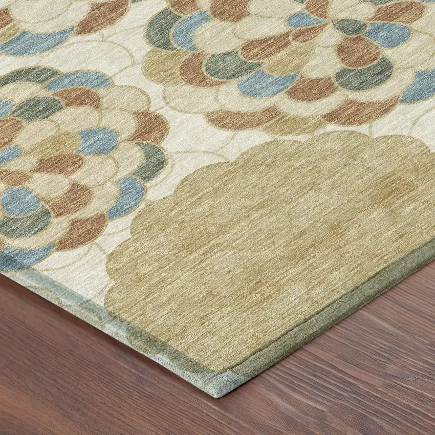 Beige And Ivory Floral Washable Indoor Outdoor Area Rug Photo 8