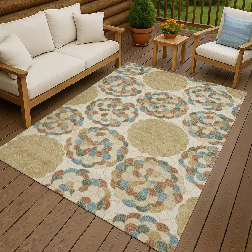 Beige And Ivory Floral Washable Indoor Outdoor Area Rug Photo 4