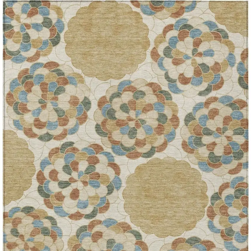 Beige And Ivory Floral Washable Indoor Outdoor Area Rug Photo 3