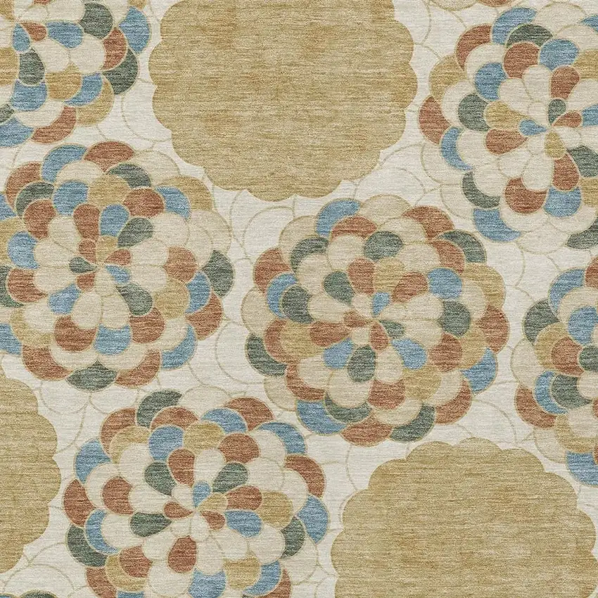 Beige And Ivory Floral Washable Indoor Outdoor Area Rug Photo 2