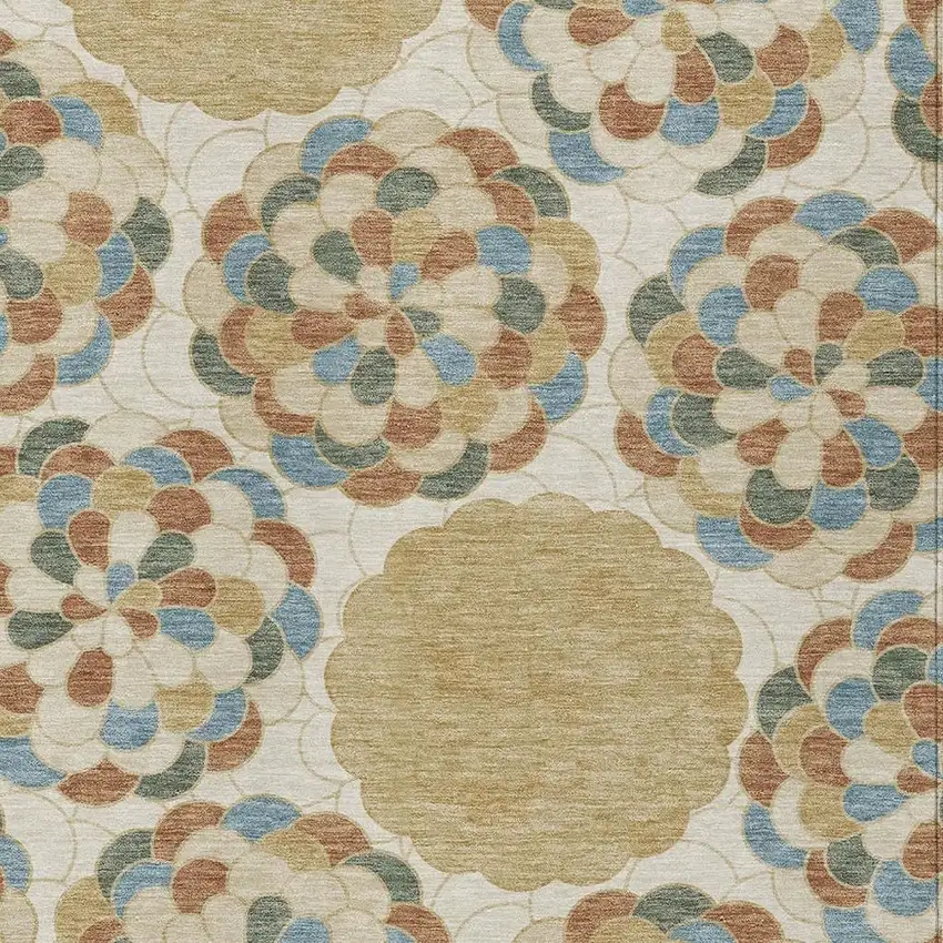 Beige And Ivory Floral Washable Indoor Outdoor Area Rug Photo 2