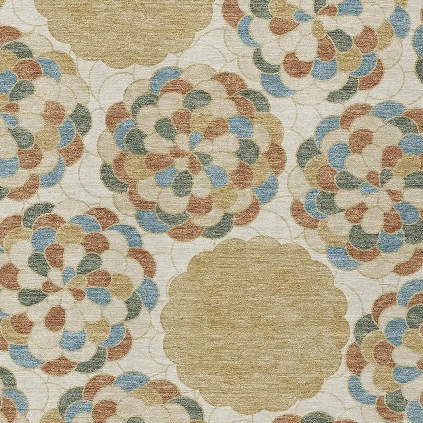 Beige And Ivory Floral Washable Indoor Outdoor Area Rug Photo 2