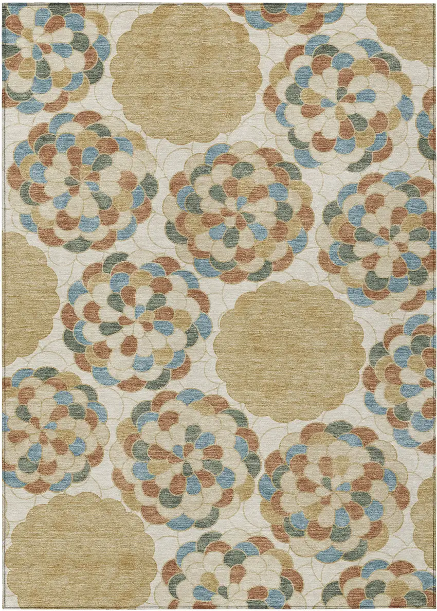 Beige And Ivory Floral Washable Indoor Outdoor Area Rug Photo 1