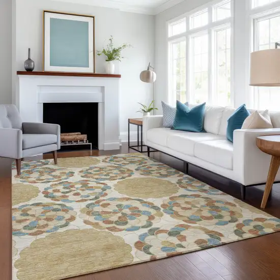 Beige And Ivory Floral Washable Indoor Outdoor Area Rug Photo 6