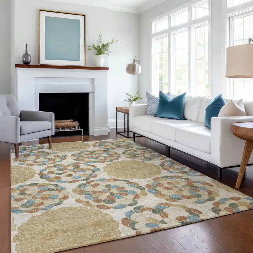 Beige And Ivory Floral Washable Indoor Outdoor Area Rug Photo 6