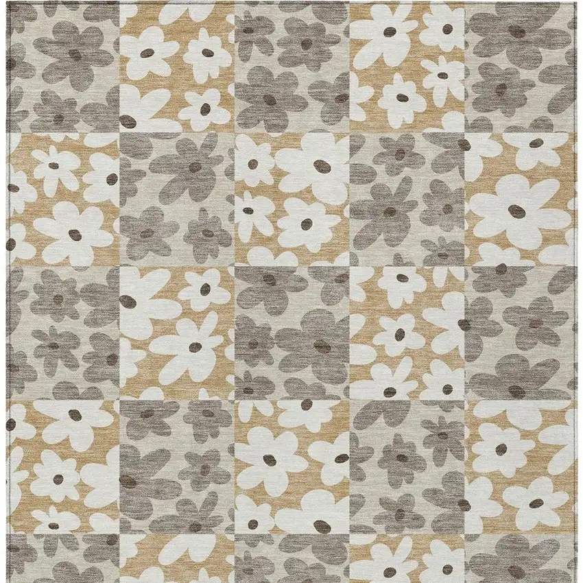 Beige And Ivory Floral Washable Indoor Outdoor Area Rug Photo 3