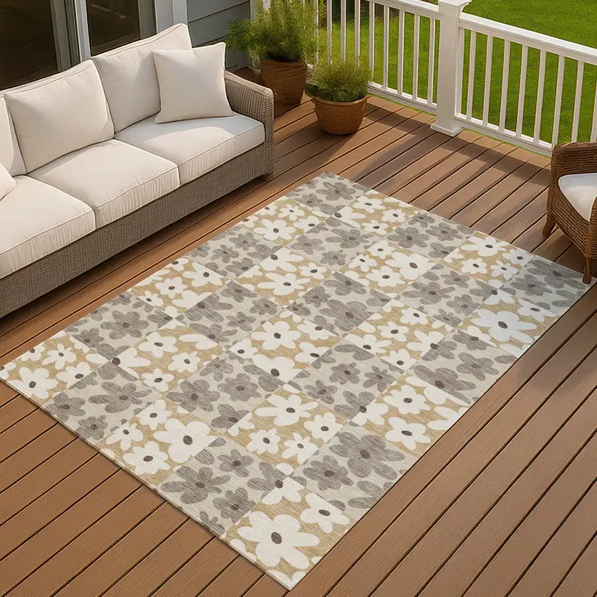 Beige And Ivory Floral Washable Indoor Outdoor Area Rug Photo 7
