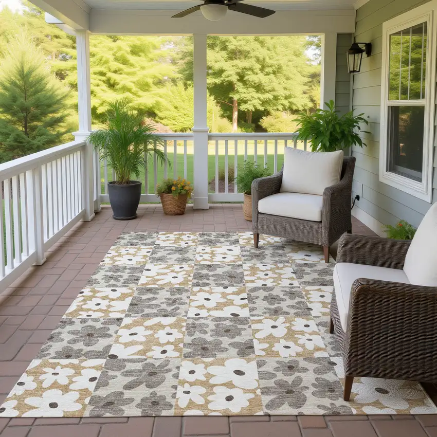 Beige And Ivory Floral Washable Indoor Outdoor Area Rug Photo 4