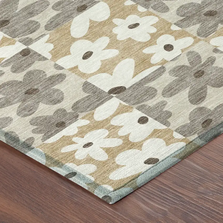 Beige And Ivory Floral Washable Indoor Outdoor Area Rug Photo 8
