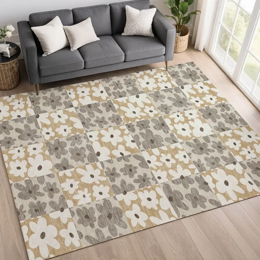 Beige And Ivory Floral Washable Indoor Outdoor Area Rug Photo 6