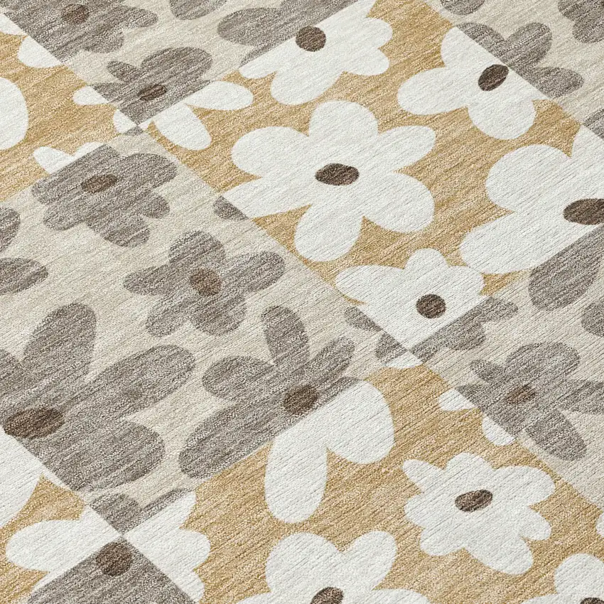 Beige And Ivory Floral Washable Indoor Outdoor Area Rug Photo 9