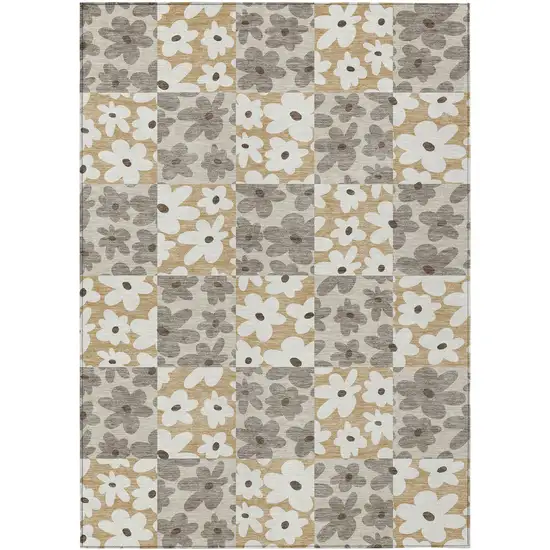 Beige And Ivory Floral Washable Indoor Outdoor Area Rug Photo 1