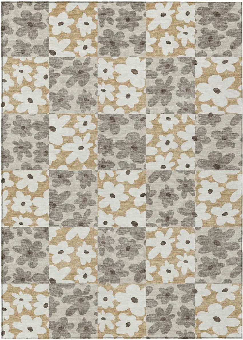 Beige And Ivory Floral Washable Indoor Outdoor Area Rug Photo 1