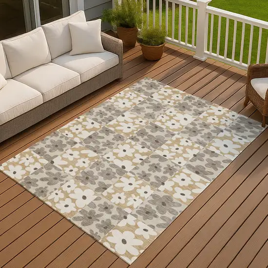 Beige And Ivory Floral Washable Indoor Outdoor Area Rug Photo 7