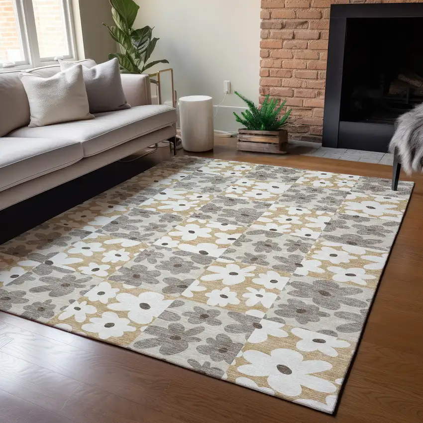 Beige And Ivory Floral Washable Indoor Outdoor Area Rug Photo 5