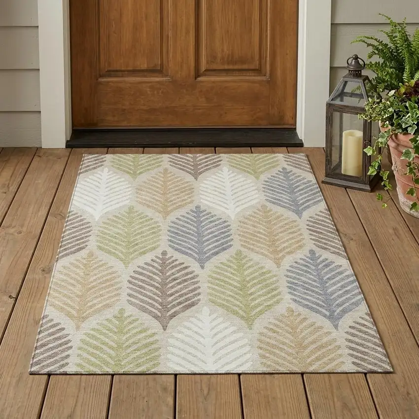 Beige And Ivory Floral Washable Indoor Outdoor Area Rug Photo 1
