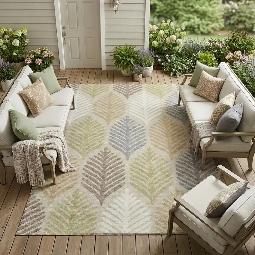 Beige And Ivory Floral Washable Indoor Outdoor Area Rug Photo 1