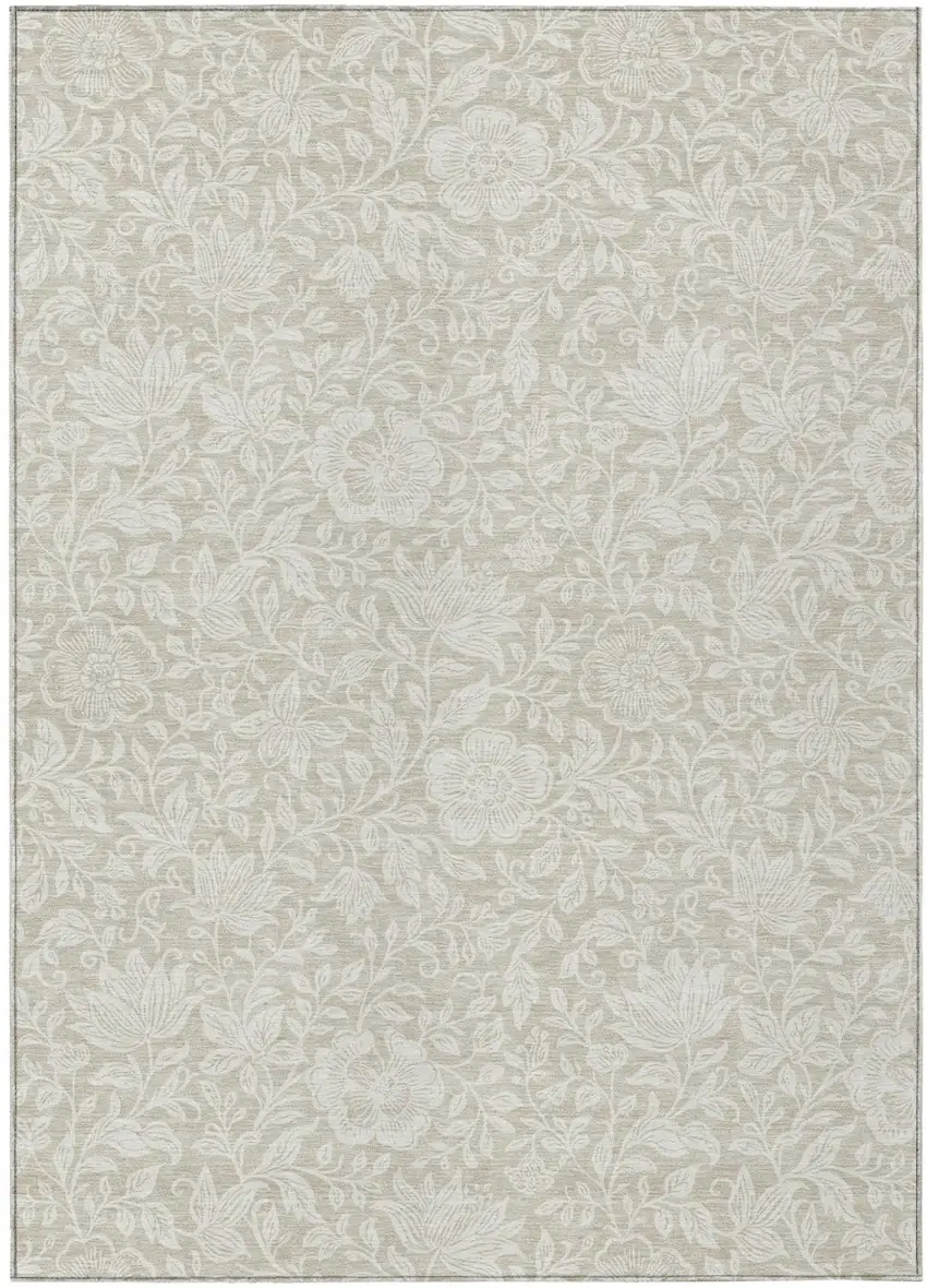Beige And Ivory Floral Washable Indoor Outdoor Area Rug Photo 1