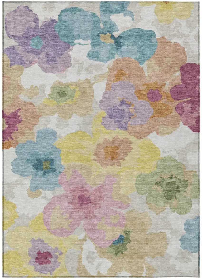 Beige And Ivory Floral Washable Indoor Outdoor Area Rug Photo 1